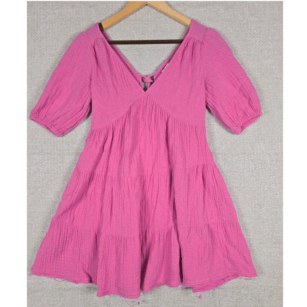 Aerie‎ Pink Tiered Mini Dress Women's XS Cotton Gauze V-Neck Puff Sleeve Raw Hem